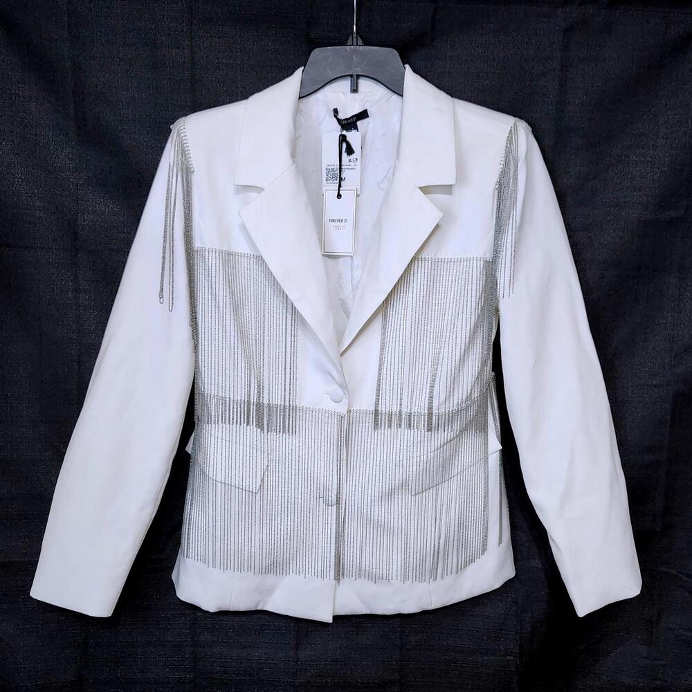 FOREVER 21 WHITE WESTERN FRINGE TWO BUTTON BLAZER WOMENS MEDIUM NWT